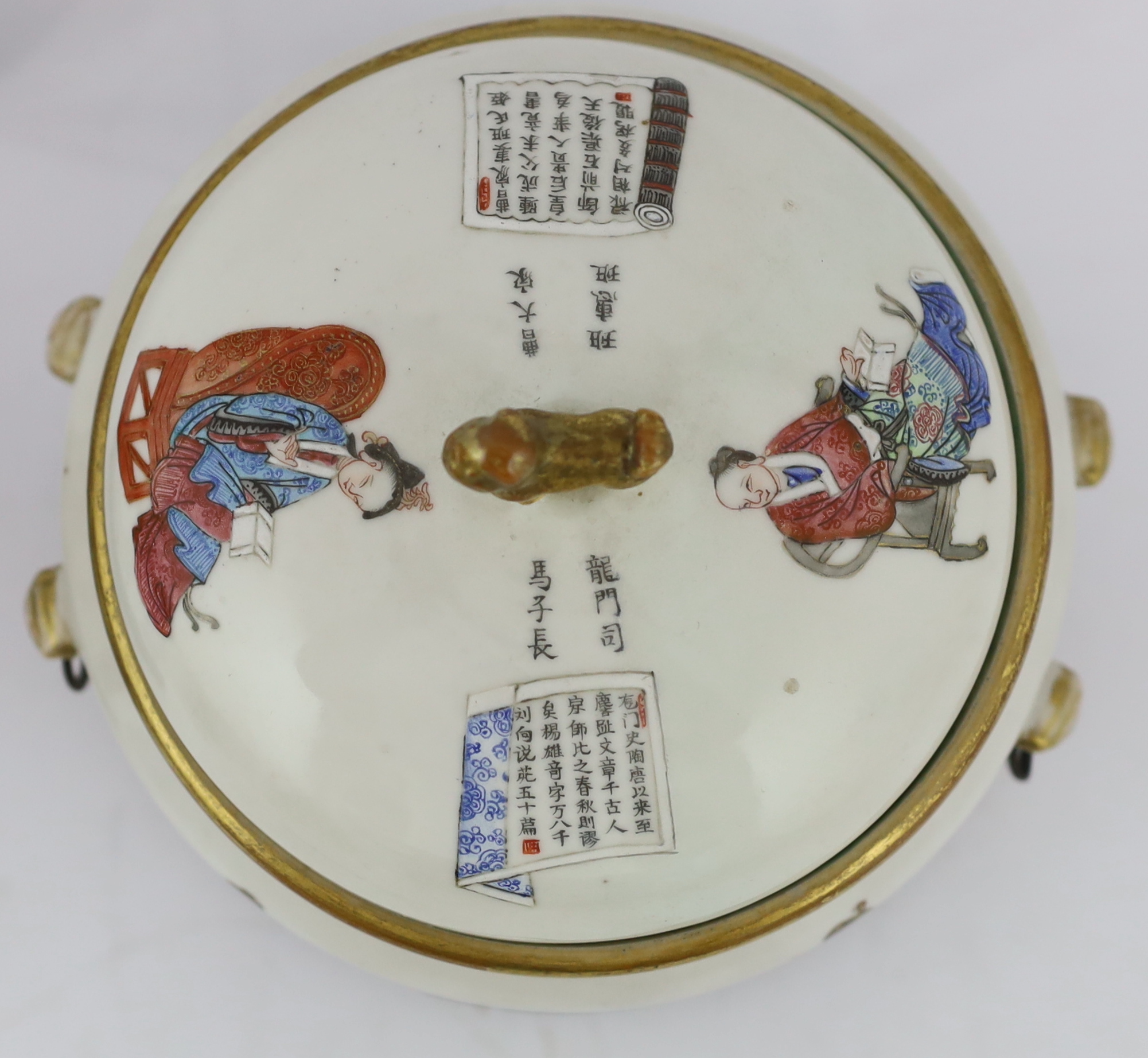 A pair of Chinese famille rose 'Wu Shuang Pu' porridge pots, liners and covers, Daoguang seal marks and of the period (1821-50), star crack to one base